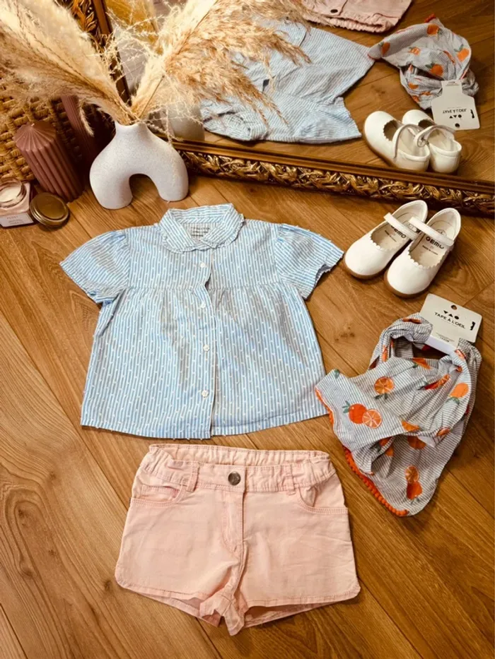 Taille 5 ans tenue 3 pièces été fille multimarque bleu ciel abricot * rayures et oranges * 🌸