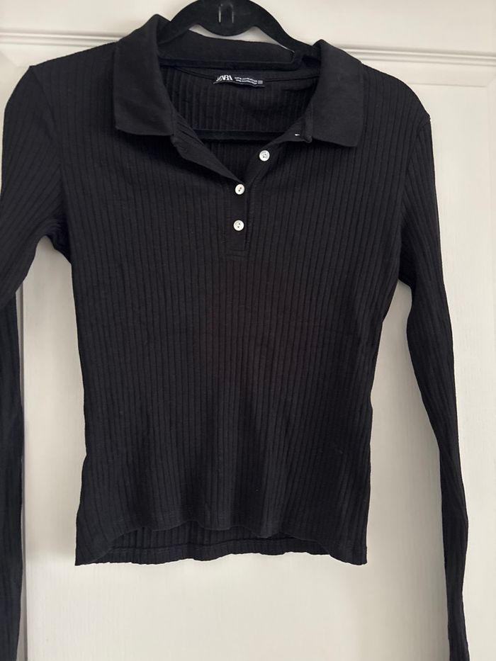 Top Zara côtelé noir col polo