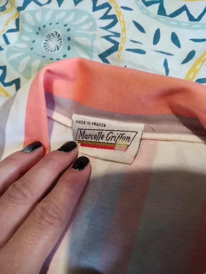 Robe rayée rayures printemps été corail gris vintage bouton - photo numéro 4