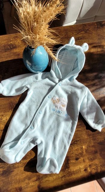 Mignonne combinaison Vintage combi-pilote à capuche bleu ciel matière polaire 3mois