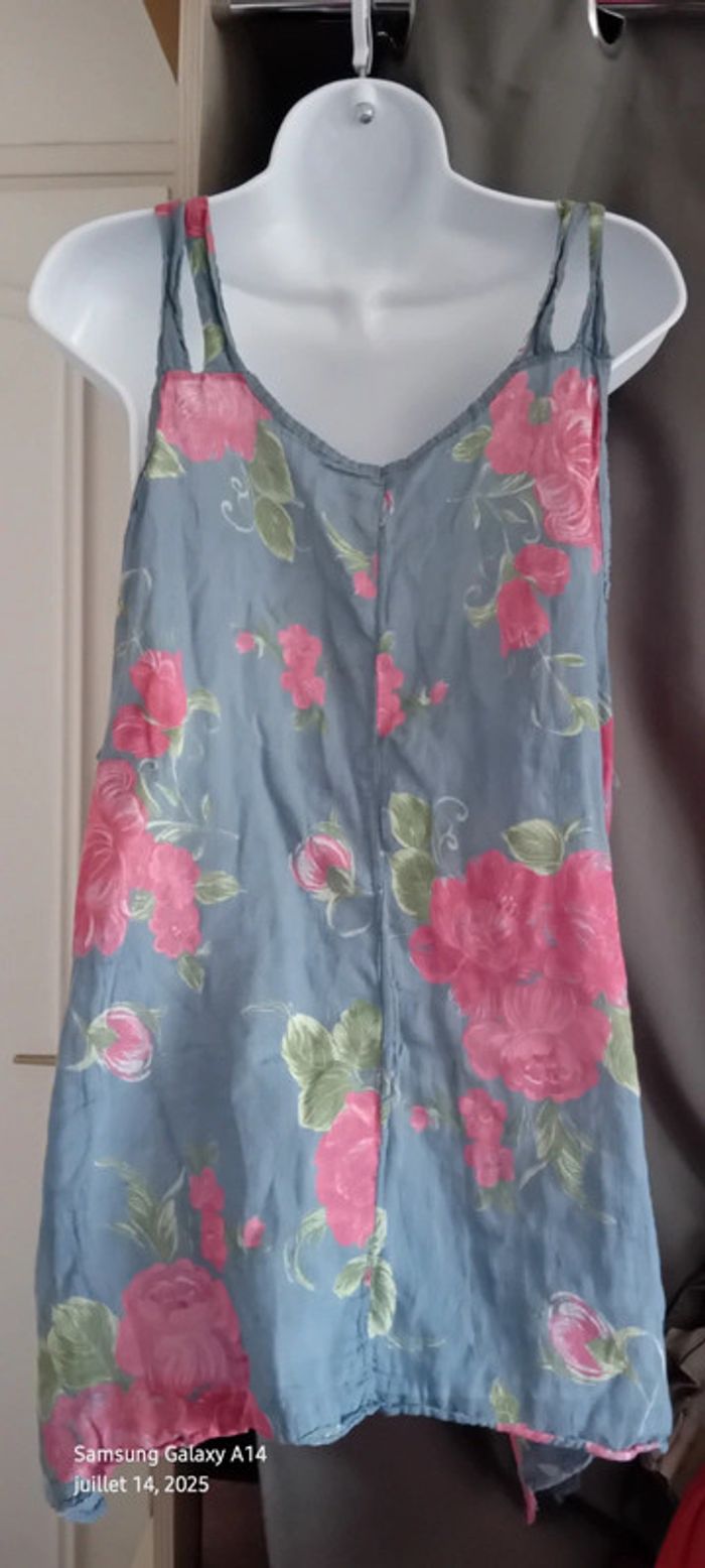 Tunique fines bretelles assymetriques motif fleurs bleu rose femme XL made in Italy - photo numéro 3