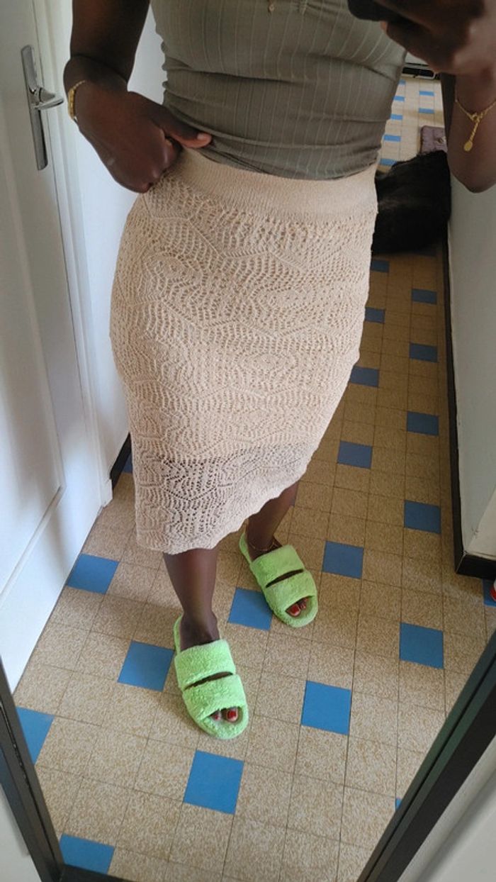 Jupe en crochet dentelle doublé et ajouré beige - photo numéro 13