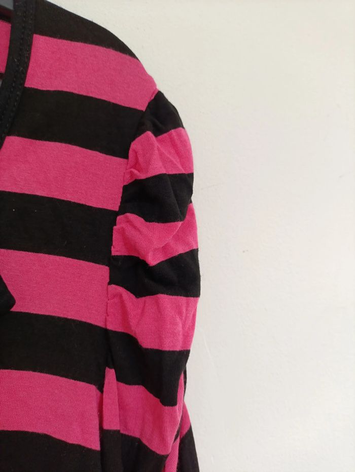 T-shirt rayé noir et rose avec nœud vintage mignon - photo numéro 5