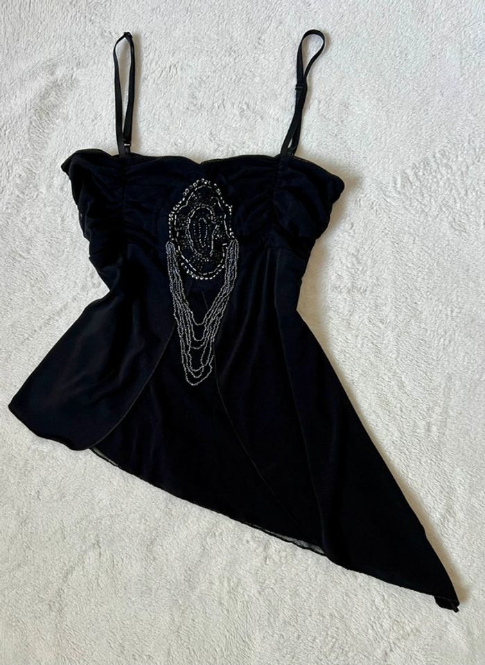 Top asymétrique plastron perles y2k coquette vintage made in France - Taille S