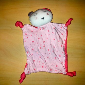 Doudou plat ours blanc rose gris étoiles tape à l'oeil tao