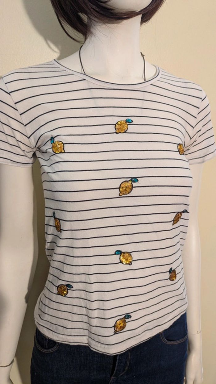 T-shirt blanc rayé motif citron pailleté - photo numéro 2
