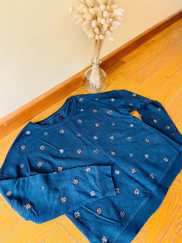 Sublime pull bleu marine oysho à perles brodé en coton taille L