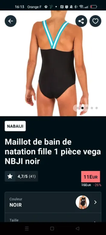 Maillot de bain 1 pièce Nabaiji Vega Noir - 10-11 ans