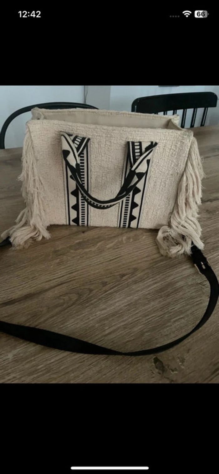 Sac cabas beige à frange liseré motif ethnique noir - photo numéro 2