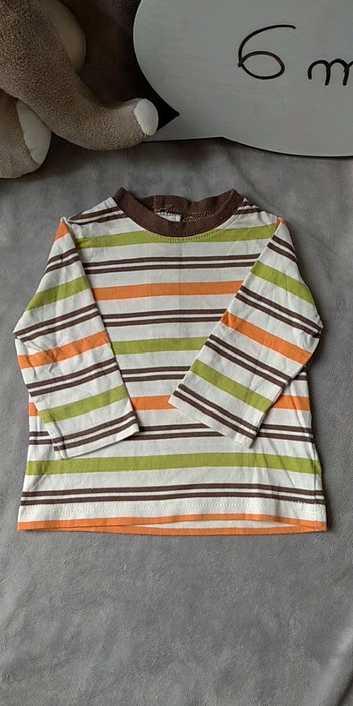Tee shirt manches longues rayé marron vert orange Garçon 6 mois 100% coton - photo numéro 2