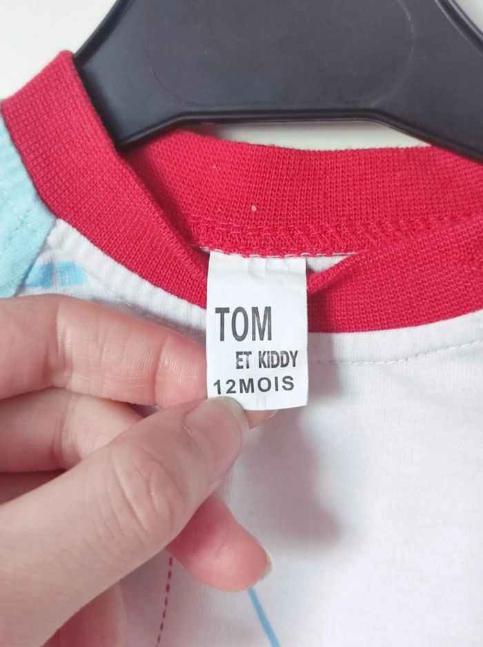 Tee-shirt bleu ciel blanc rouge chat / Tom & Kiddy - 12 mois - photo numéro 4
