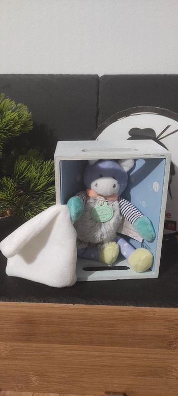 doudou et compagnie ane cheval petit mouchoir dc2890 choupi bleu gris blanc vert