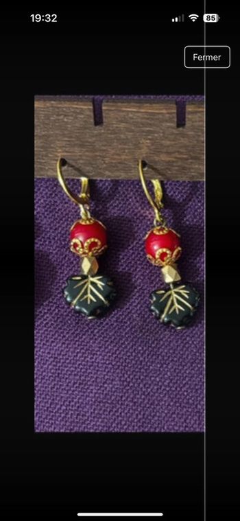 Boucles d’oreille bronze antique rouge et feuille d’automne noire