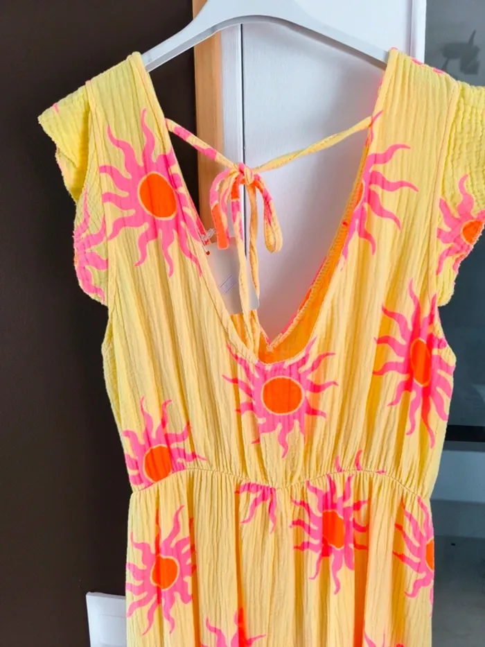 Robe longue été jaune et rose gaz de coton imprimé soleil TU 36 à 42 - photo numéro 9