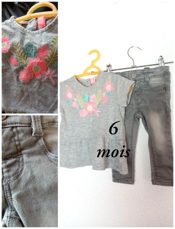 6/9 mois hema ensemble 2 pièces Tee-shirt brodé et jean gris prin été /Excellent état
