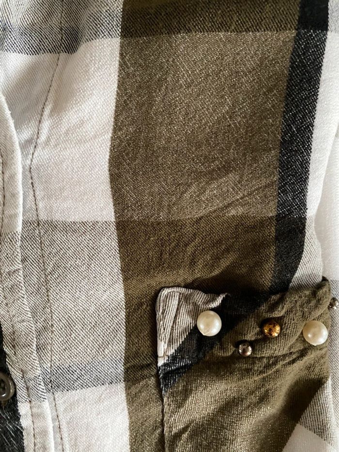 Chemise Zara blanche et kaki à gros carreaux manches longues taille S - photo numéro 18