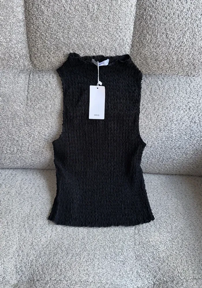 Top sans manches texturé gaufré/froncé noir MANGO neuf