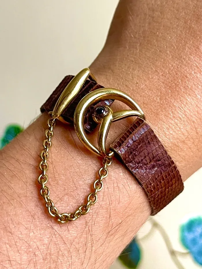 sublime Bracelet cuir lezard marron boucle metal dore avec chaine - photo numéro 6