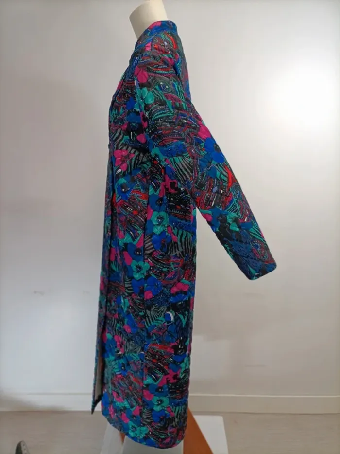Veste Matelassée Longue - Damart - motifs fleurs bleu, turquoise et rose fushia - photo numéro 3
