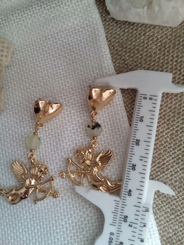 Boucles d'oreilles anges cupidon et pierres de jade phrénite - photo numéro 3