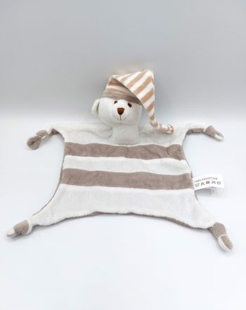 Doudou plat ours blanc taupe beige CREDIT MUTUEL idéal promotion bonnet rayures