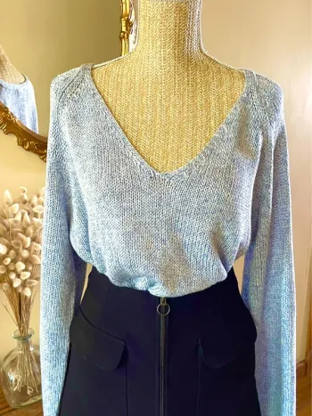 sublime pull maille bleu clair col v manches longues coupe relax basic taille L neuf H&M