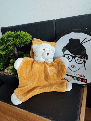 doudou CMP ours beige jaune moutarde coeur plat bonnet ancien blanc Crème 1878