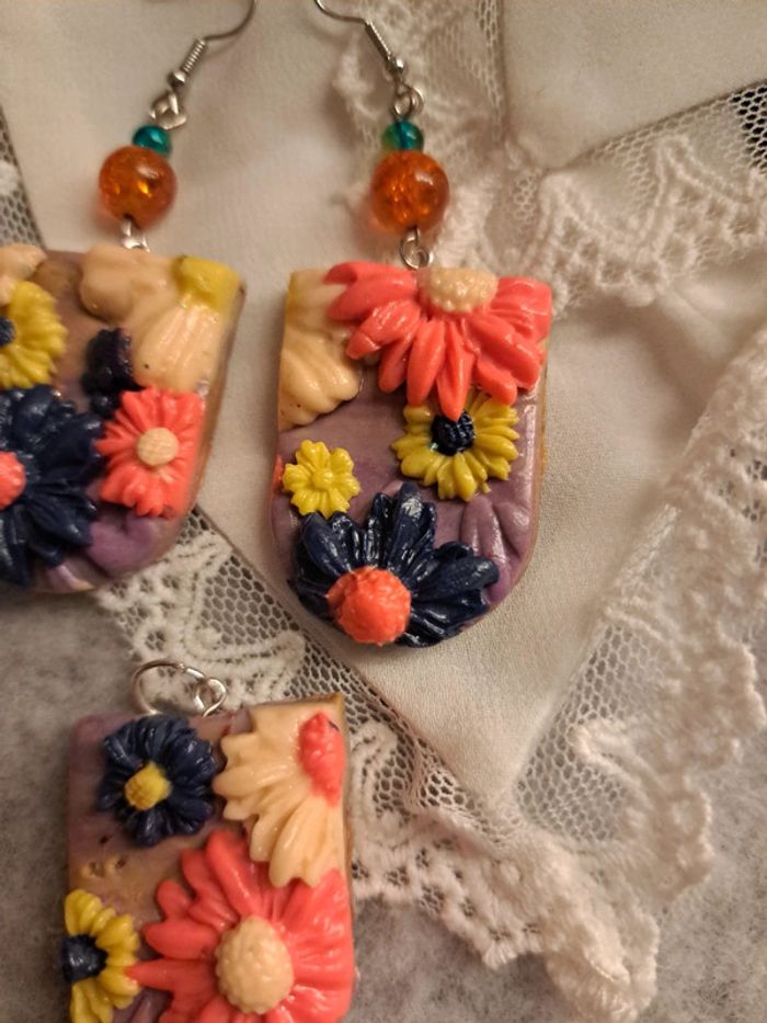 Parrurre boucles d'oreilles et pendentif pâte polymere multicolore florale - photo numéro 7