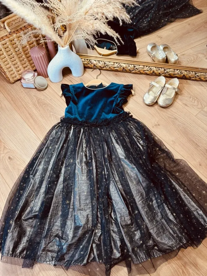Taille 3-4 ans Robe longue créateur fille TAO bleu adore * velours tulle * 💙