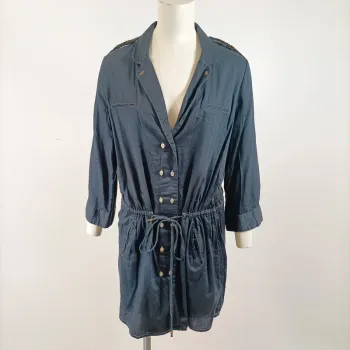 Robe-chemise bleu nuit I.Code 100% coton, manches 3/4, détails dorés élégants A1570