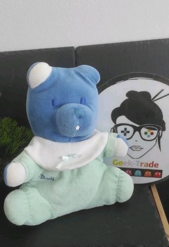 Doudou Ours bleu pyjama vert Musti bavoir blanc Peluche Ancien Bébé Mustela