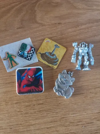 Petit lot de pins, aimants, figurine.