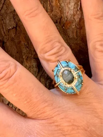 Bague habaha Paris véritable zircons turquoise et jade vert acier inoxydable or