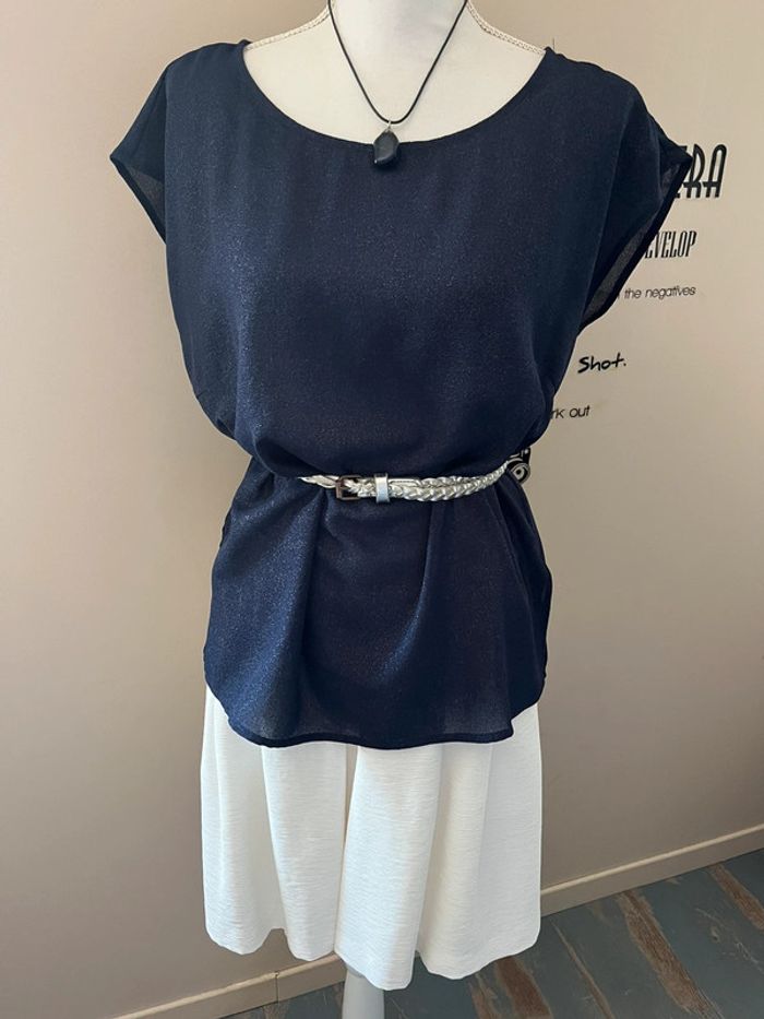 Blouse fluide chic bleu marine pailletée taille L - photo numéro 8
