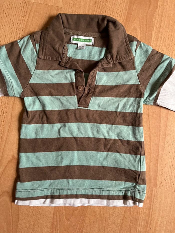 Beau T-shirt/polo ML à rayures marron et bleu Vertbaudet T. 18 mois/81 cm garçon TBE - photo numéro 3