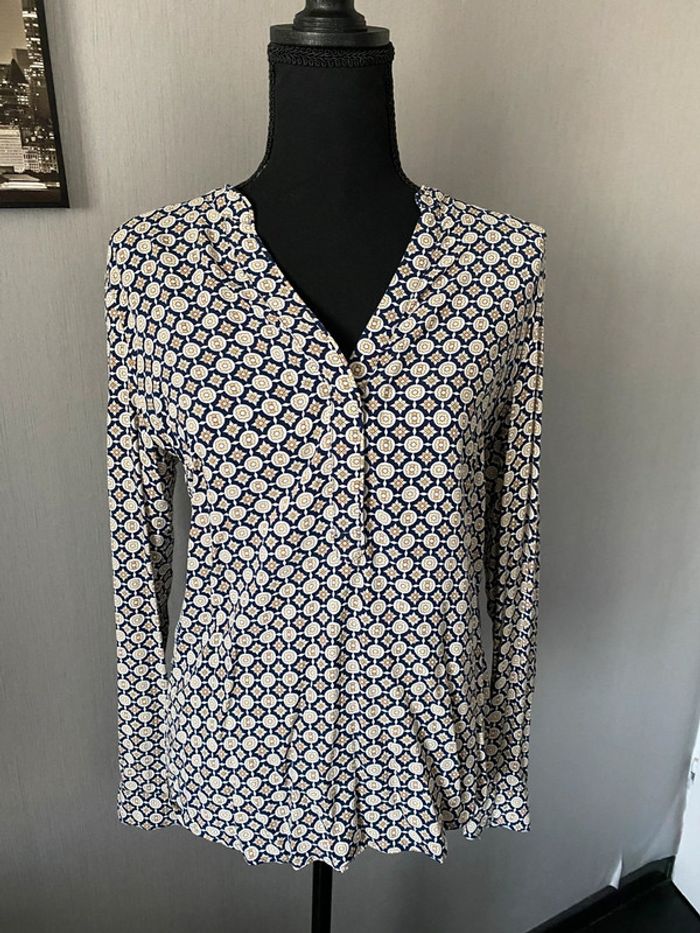 Chemisier bleu marine et beige à motifs - photo numéro 2