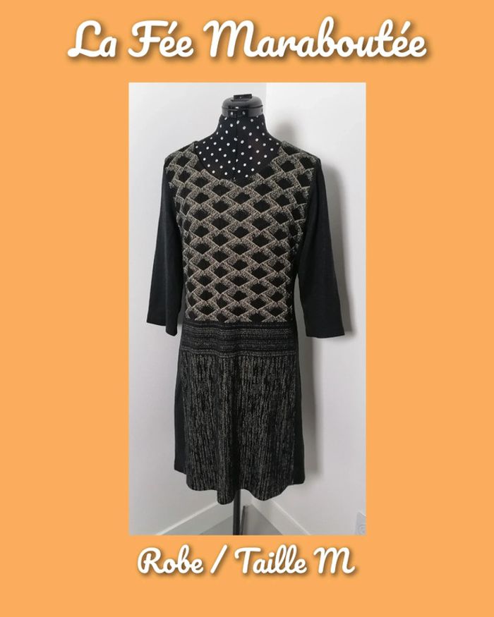 Robe d'hiver motif géométrique noir beige tendance Taille M La Fée Maraboutée