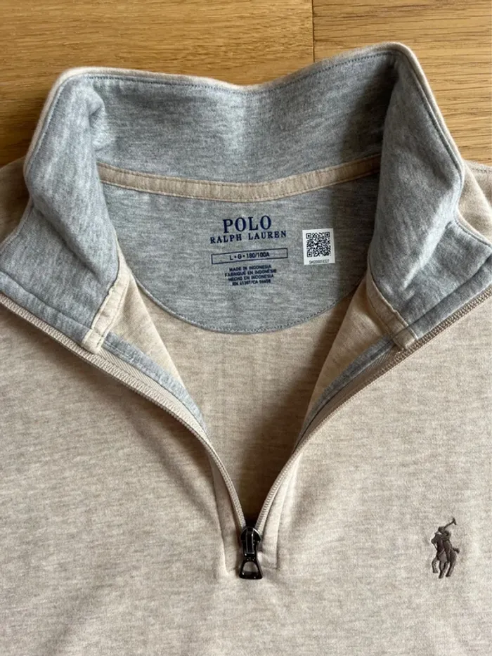 Pull 1/4 Zip Camionneur Ralph Lauren - Beige/Gris Logo Brodé Marron - Taille L - photo numéro 2