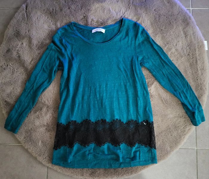Sublime Top Sandro en lin bleu canard avec dentelle Taille S🦆 - photo numéro 2