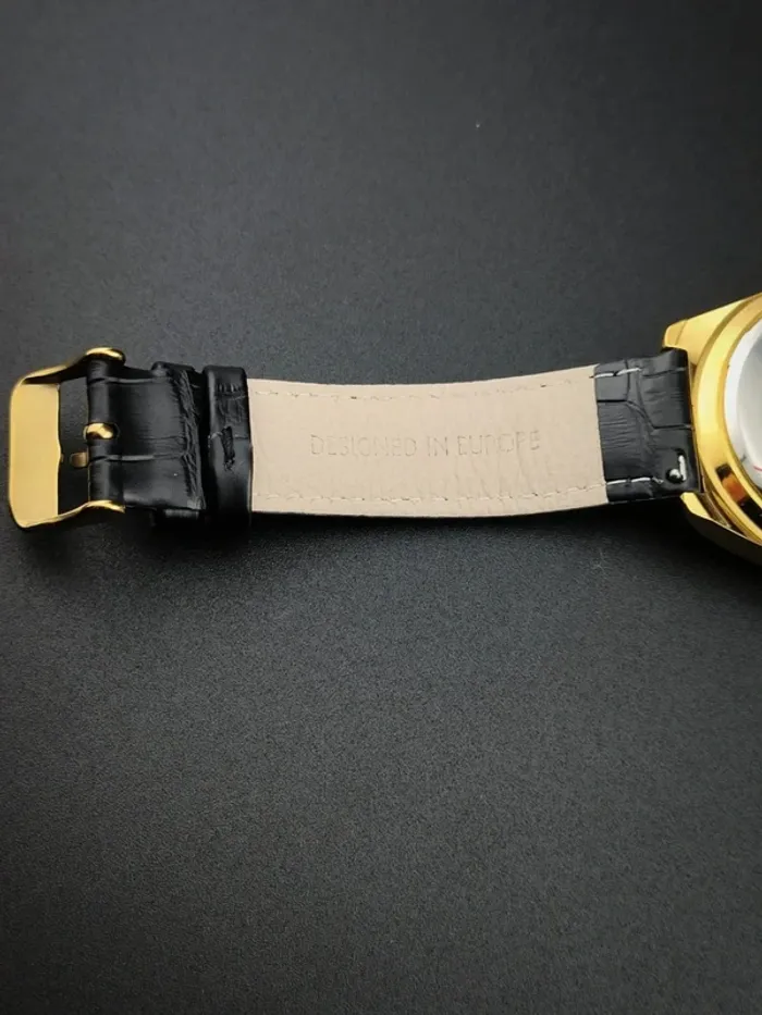 Montre noire quartz japonais, plaqué or, cuir - photo numéro 9