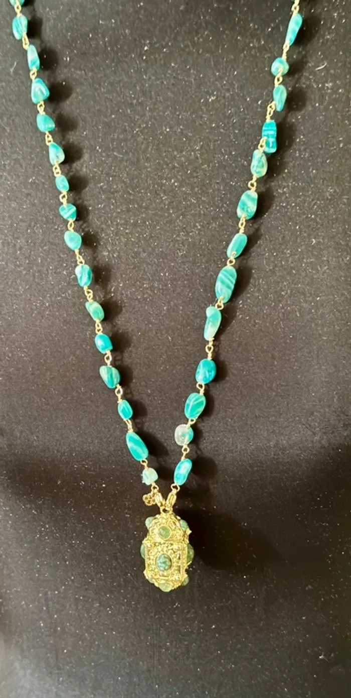 Collier sautoir  pierres amazonites grigri malachite acier - photo numéro 7