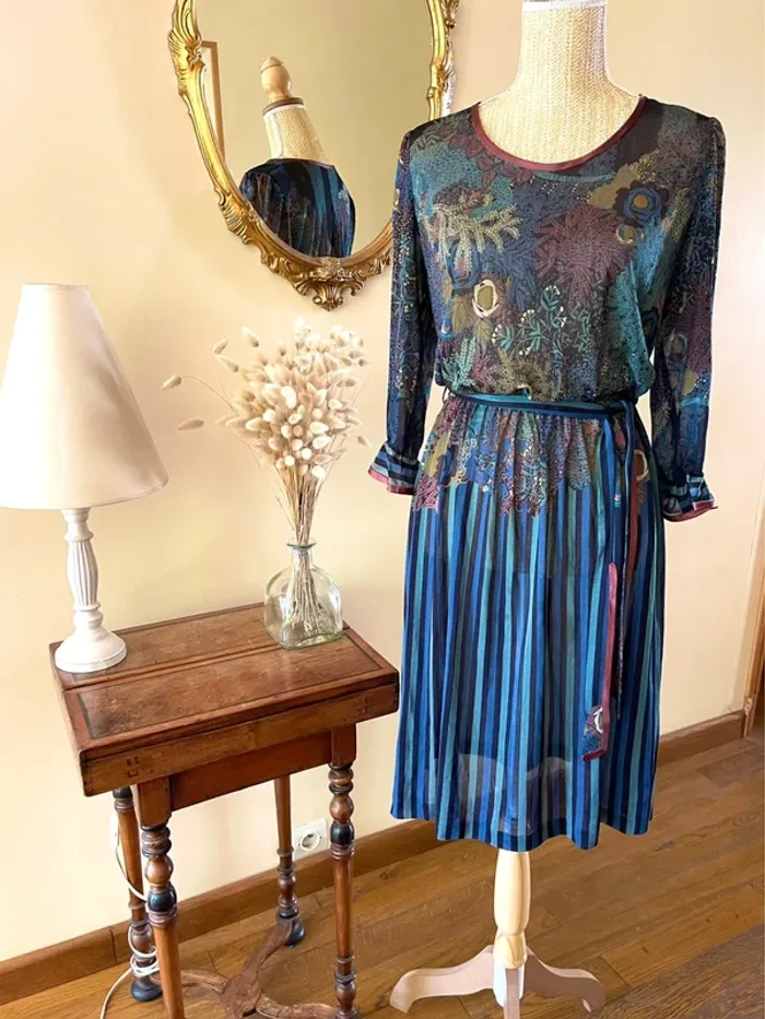 Robe à Motifs Végétal Panthère Plissé – Multi-Couleurs – Vintage – Taille M - photo numéro 3