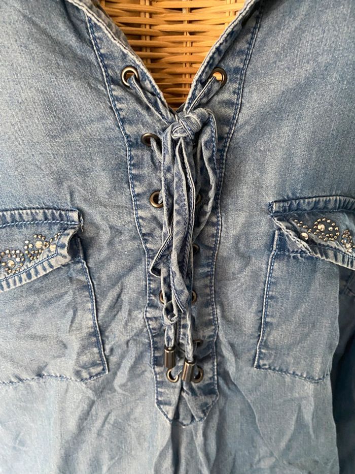 Blouse chemise jeans Bréal taille M manches longues avec strass - photo numéro 6