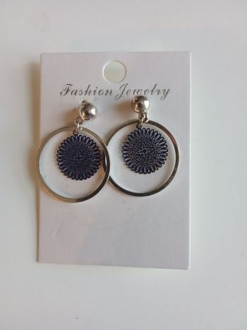 Boucle d'oreille fantaisie femme neuve, pendante, rond, bleu, doré, idée cadeau de Noël, neuf