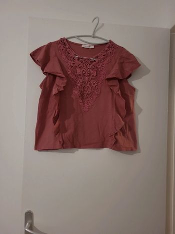 Tee-shirt femme manche courte 100% coton vieux rose dentelle T42 TBE promod