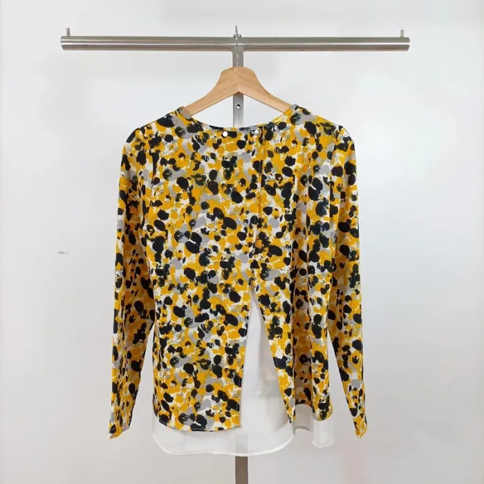 Blouse jaune fleurie débardeur superposé – manches longues, dos ouvert, M A1070 - photo numéro 6