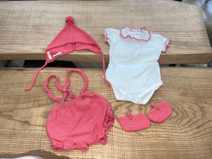 Ensemble coton été 9 mois fille unit B béguin Bodie salopette bloomer culotte chaussons crochet