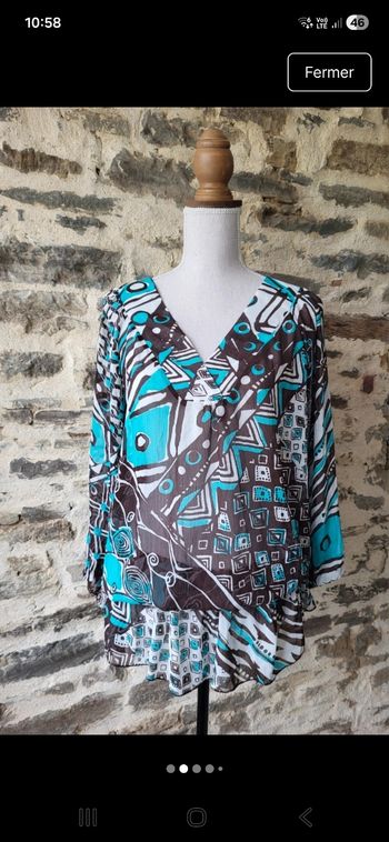 Blouse style tunique bleue turquoise marron et blanche Multiples Taille 5 ou 46