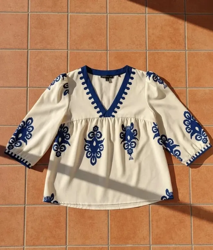 Blouse brodée ethnique, manches 3/4, taille S, bohème chic rétro été