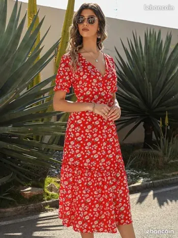 Robe Maxi Portefeuille Fleurie à Volants - Rouge / XXL - Princesse Fleurie